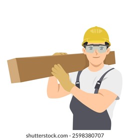 Construction Worker and hardworking builder wearing protective gear carries a wooden beam. Flat Vector character illustration