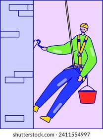 Construction worker in harness rappelling on building wall with bucket. Professional maintenance and safety work vector illustration. Conceptual focus on industrial safety and occupation.