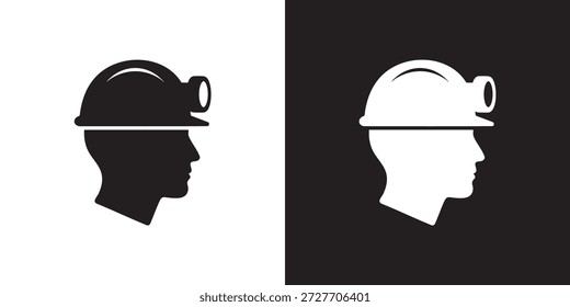 Construction Worker Head Silhouette with Helmet and Headlamp in Minimalist Style
