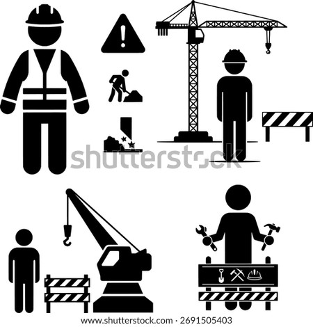Construction Worker and Heavy Machinery Safety Icons Set
