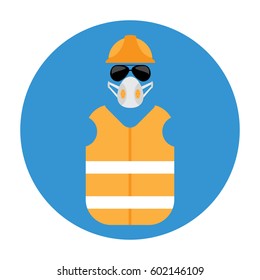 Construction worker. Helmet, glasses,protective mask , vest.