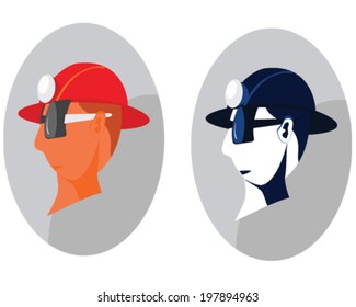 Construction worker with helmet with headlamp and safety glasses in vector design