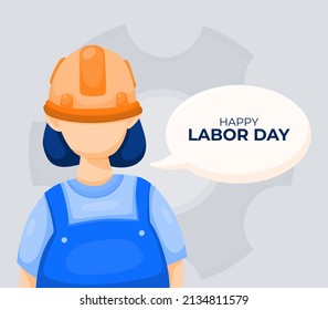 construction worker with helmet saying happy labor day in speech bubble flat illustration vector