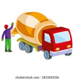 construction worker helping a concrete mixer to pour out prepared concrete, cartoon illustration, isolated object on white background, vector illustration, eps