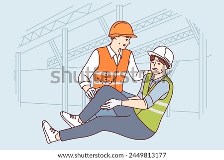 Construction worker helps colleague broke leg and was injured at work due to safety violation. Man in construction uniform needs doctor help and compensation after incident while working.