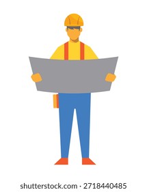 Trabalhador de construção segurando planta sobre fundo branco Palavras-chave: trabalhador de construção, homem