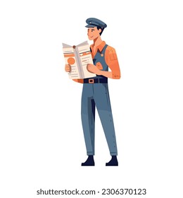 Construction worker holding blueprint, wearing hardhat and uniform isolated