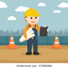 construction worker holding blueprints and clipboard