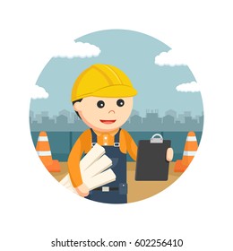 construction worker holding blueprints and clipboard in circle background