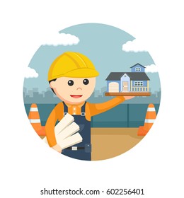 construction worker holding blueprints and house miniature in circle background