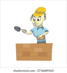Construction worker holding brick and trowel vector illustration