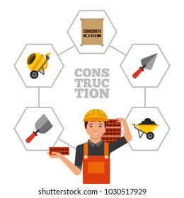construction worker holding bricks and tools