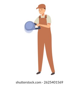 Construction worker holding circular saw, man in overalls working on a project