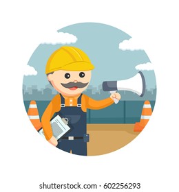 construction worker holding clipboard and megaphone in circle background