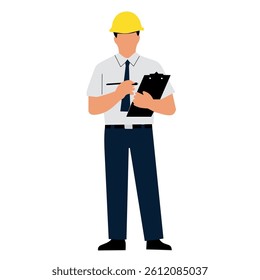 A construction worker holding a clipboard and pen, wearing a hard hat.