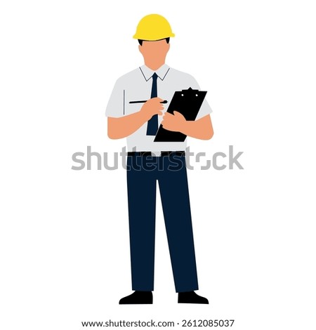 A construction worker holding a clipboard and pen, wearing a hard hat.