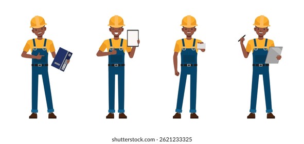 Construction worker holding clipboard, tablet and name card character vector illustration design set.