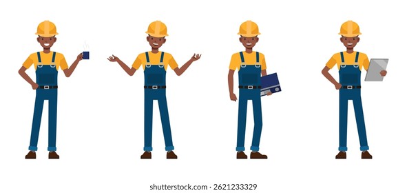Construction worker holding cup of coffee and documents character vector illustration design set.