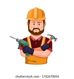 Construction Worker holding Drill and Hammer in Hand. Professional Builder with Work Tool Character Figure in Cartoon Illustration Vector on White Background