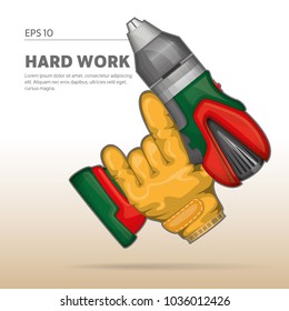 Construction Worker holding the drill. Icon of work activities.