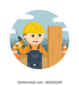 construction worker holding drill and wooden plank in circle background