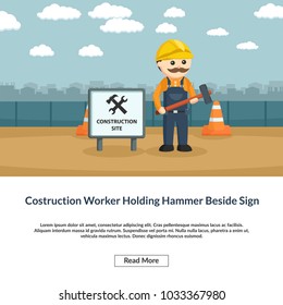 Construction Worker Holding Hammer Beside Sign Information