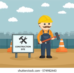 construction worker holding hammer beside sign