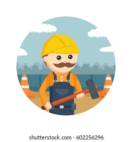 construction worker holding hammer in circle background
