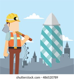 construction worker holding hammer infront of tower