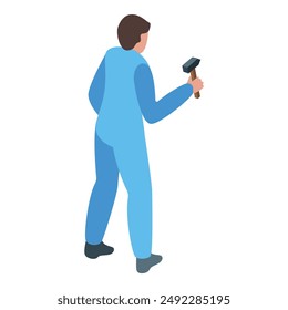Construction worker holding hammer standing back view building house 3d icon