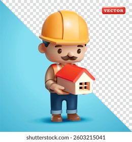 Construction worker holding miniature house, 3D vector. Suitable for business, construction and element design