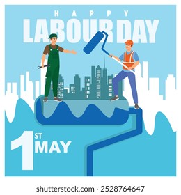 Construction worker holding paint roll and wrench. Celebration of International Labor Day. Labor Day concept. Flat vector illustration.