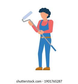 construction worker holding a paint roller over white background, flat style, vector illustration