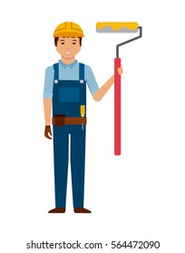 construction worker holding a paint roller cartoon icon over white background. colorful design. vector illustration