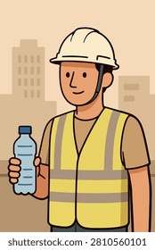 Construction worker holding plastic water bottle for hydration with hard hat construction hydration reflective industrial contractor employee drinking engineering infrastructure professional