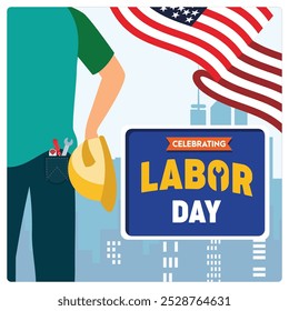 Construction worker holding safety helmet. Silhouette of building with American flag. Labor Day sale concept. Flat vector illustration.