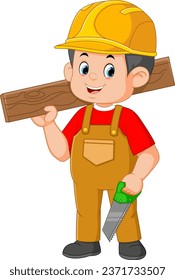 construction worker holding saw and wood of illustration