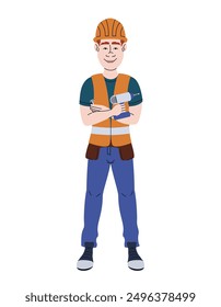 Construction worker holding screwdriver. Man in linear flat style.