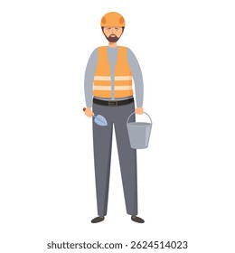 Construction worker holding a shovel and bucket, prepared for a hard day of work