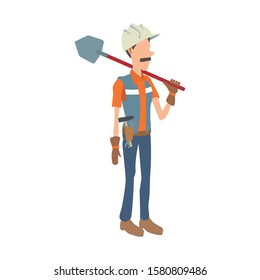 construction worker holding shovel icon over white background, vector illustration
