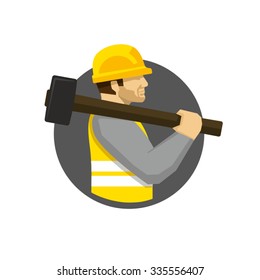 Construction Worker Holding Sledge Hammer Vector 