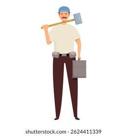 Construction worker is holding a sledgehammer and a tool box
