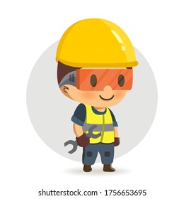 Construction worker holding a spanner or wrench. 