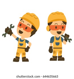 construction worker holding a spanner or wrench. technician. vector illustrator