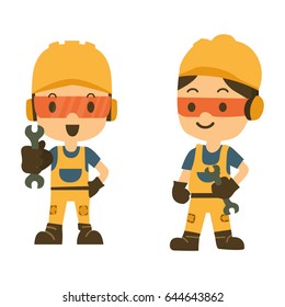 construction worker holding a spanner or wrench. technician. vector illustrator