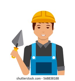 construction worker holding a spatula tool over white background. under construction concept. colorful design. vector illustration