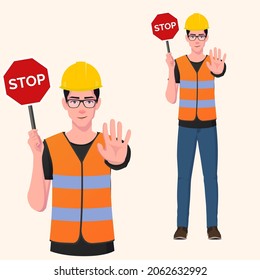 Construction Worker Holding Stop Sign Vector Illustration