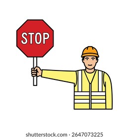 Construction Worker Holding Stop Sign Safety and Caution Illustration, Vector icon of flagger holding stop sign for traffic control