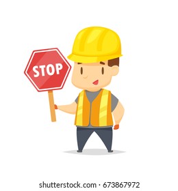 Construction worker holding stop sign vector