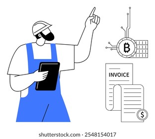 A construction worker holding a tablet points at a digital representation of a Bitcoin symbol and two invoices. Ideal for fintech, cryptocurrency, digital payments, construction, and financial